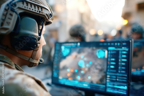 Obraz na płótnie Operator engages AI technology for tactical operations in a military command center w salonie