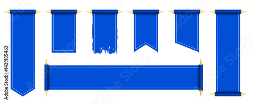 Blue pennant scroll mockup realistic design. Set of flag pennants. Vector illustration.