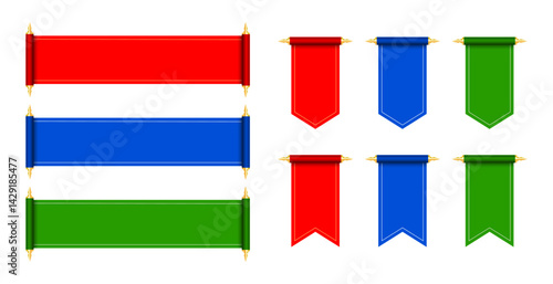 Pennant scroll mockup realistic design. Set of color flag pennants. Vector illustration.