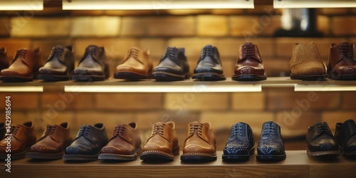Wallpaper Mural Elegant Collection of Men's Leather Shoes Displayed on Wooden Shelves in a Brick-Walled Store Torontodigital.ca