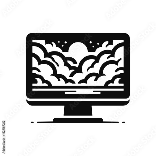 Digital illustration of a monitor displaying clouds and sun  