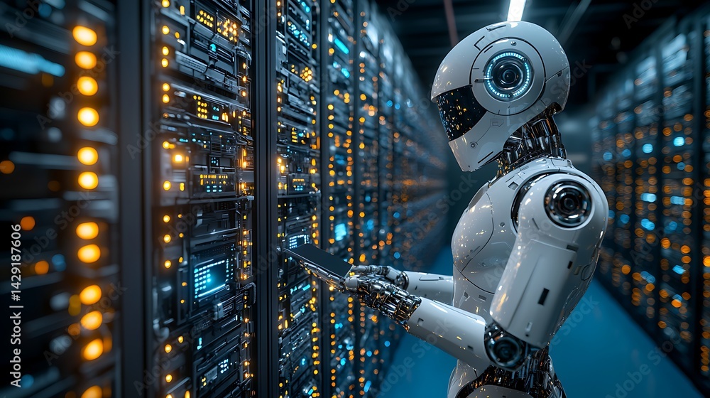 Fototapeta premium Futuristic robot maintaining server racks in a data center