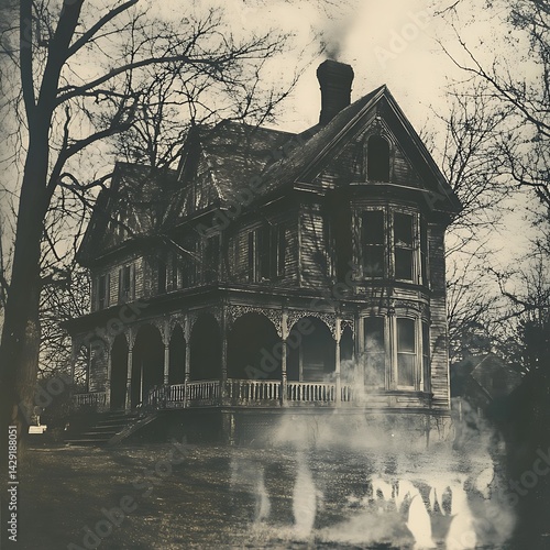 Grim, abandoned Victorian house shrouded in fog.