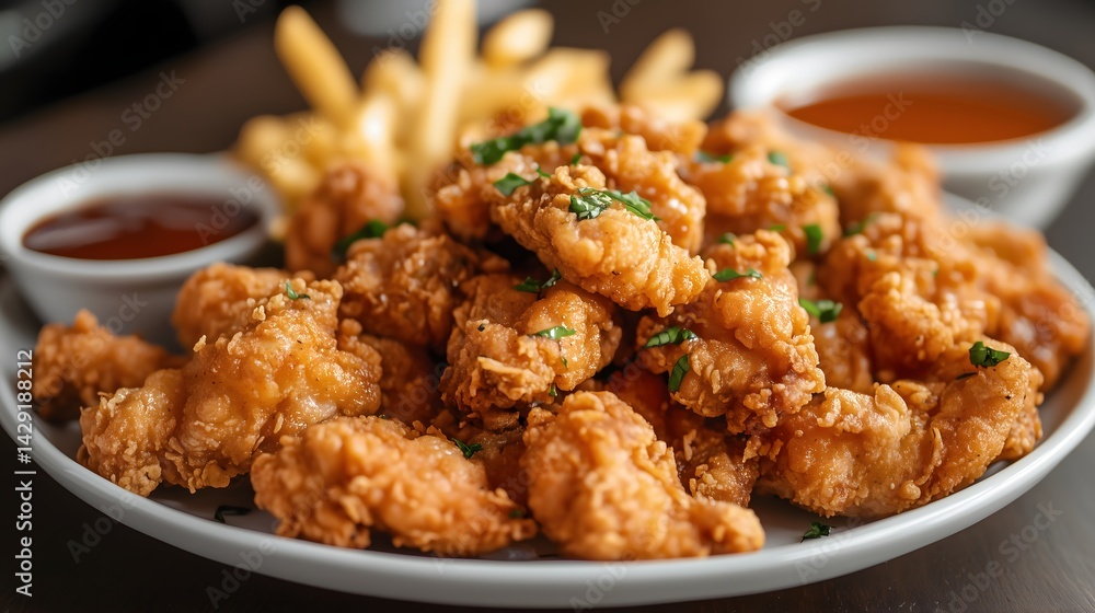 Crispy chicken tenders with French fries and dipping sauces on plate Crispy chicken tenders with French fries and dipping sauces on plate