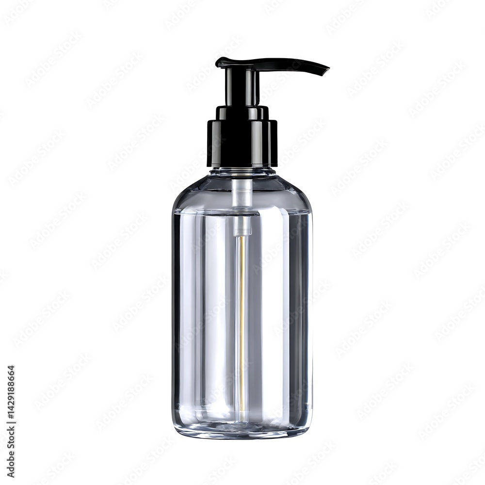 Obraz premium A clear, empty plastic pump bottle with a black pump dispenser, isolated on a white background.