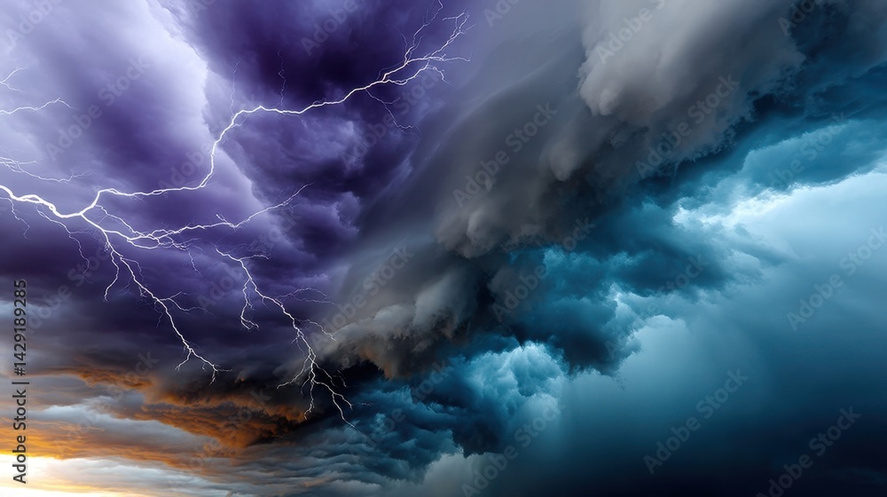 Dramatic storm clouds with lightning and turbulent skies during severe weather event Dramatic storm clouds with lightning and turbulent skies during severe weather event