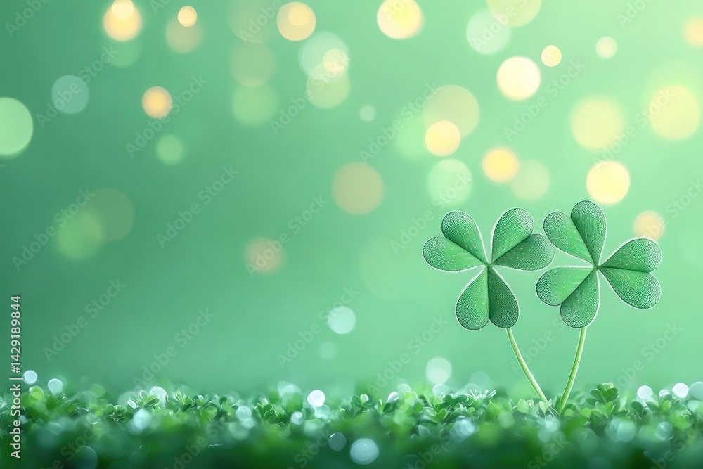 Fototapeta premium Two Shamrocks Growing in Green Grass With Bokeh Lights