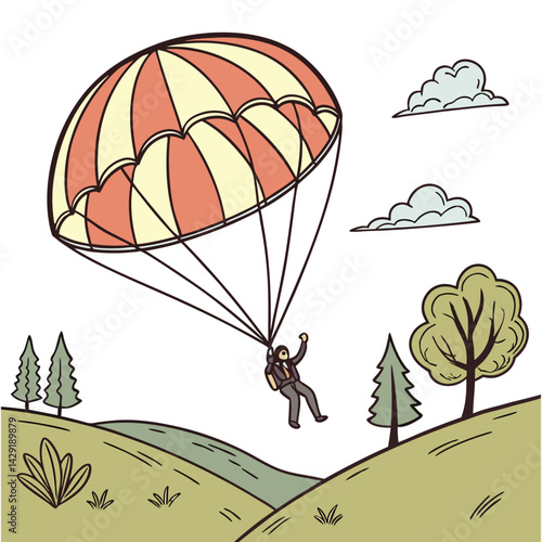 A vector illustration shows a parachute with a cartoon design against the sky and clouds, suggesting a fun and adventurous air activity