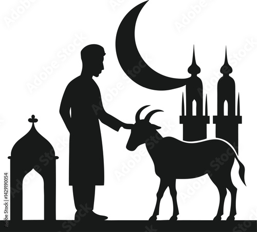 Eid Al-Adha Celebration Muslim Man and Goat at Mosque. Goat Silhouette.
