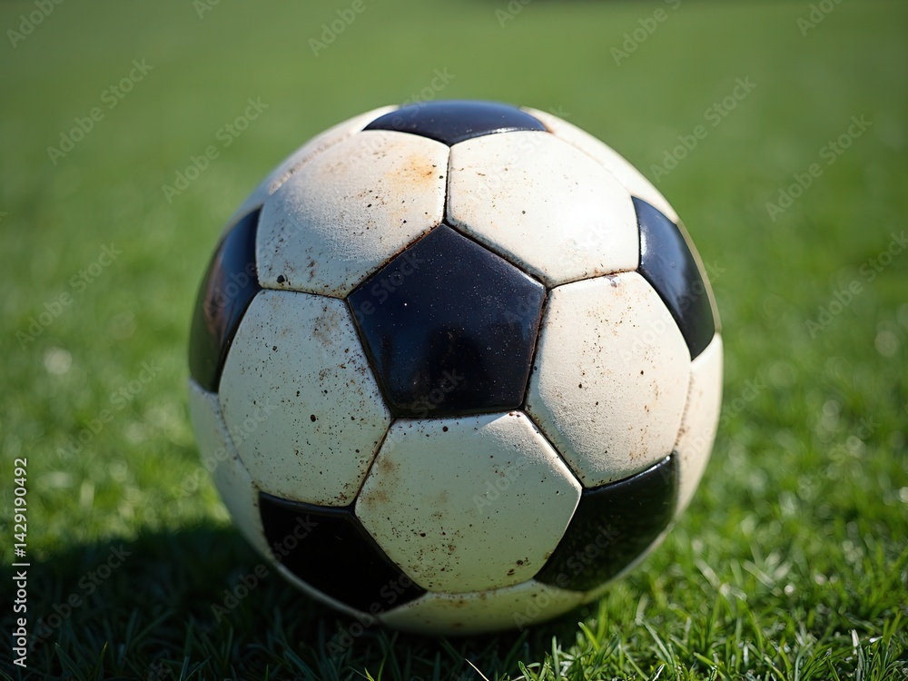 Soccer ball is sitting on a green field. The ball is white and black and he is worn