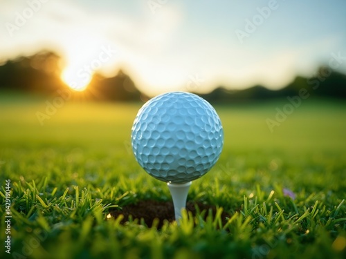 Obraz na płótnie Golf ball is sitting in a hole on a green grass field. The sun is setting in the background, creating a warm and peaceful atmosphere w salonie
