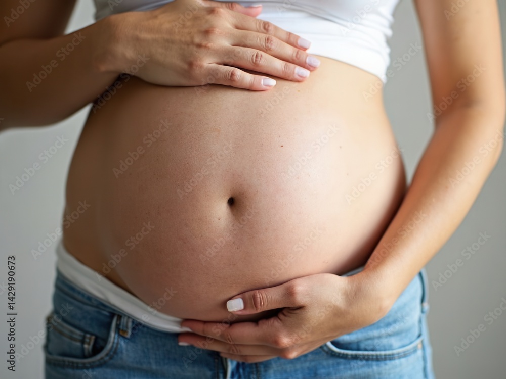 Woman is holding her stomach and wearing blue jeans. She is pregnant and has a baby bump