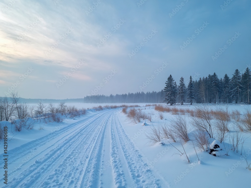 Snowy road with a blue sky in the background. The sky is cloudy and the snow is falling