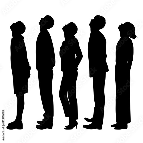 Vector silhouettes of  two men and trhree women, a group of standing business people,looking up, profile, black  color isolated on white background