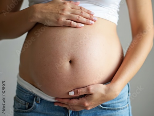 Woman is holding her stomach and wearing blue jeans. She is pregnant and has a baby bump
