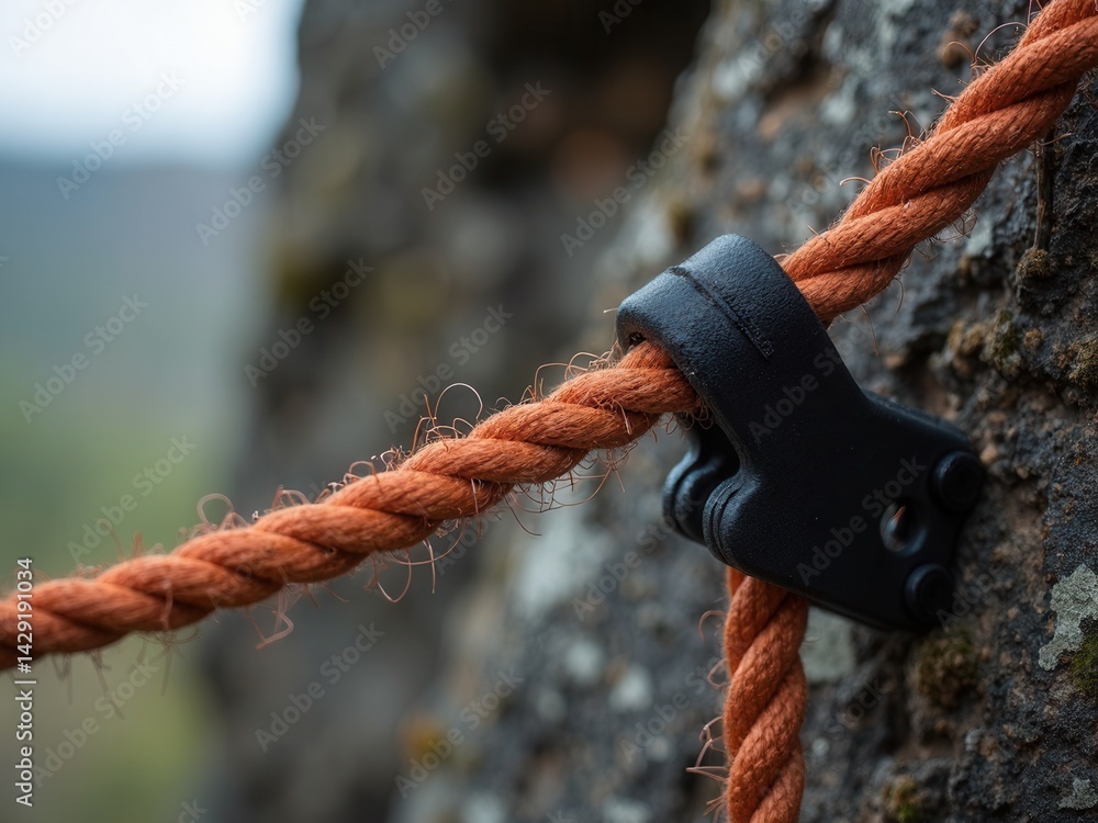 Rope is tied to a tree and is orange in color. The rope is tied to a rock and is hanging from the tree