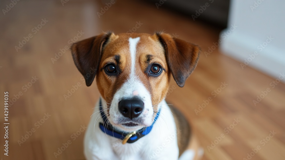 Brown and white dog with a blue collar is sitting on a wooden floor. The dog has a serious expression on its face