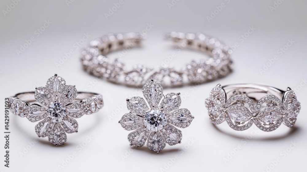 Fototapeta premium Glamorous silver jewelry set with diamond-studded earrings, necklace, and ring, isolate on white background