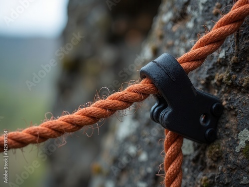 Obraz na płótnie Rope is tied to a tree and is orange in color. The rope is tied to a rock and is hanging from the tree w salonie