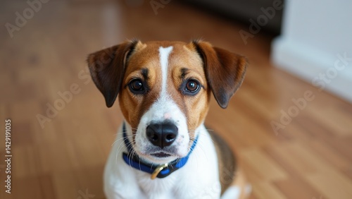 Brown and white dog with a blue collar is sitting on a wooden floor. The dog has a serious expression on its face
