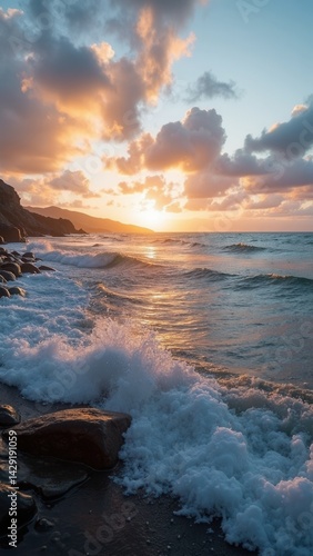 Obraz na płótnie The ocean is calm and the sun is setting, creating a beautiful and serene atmosphere. The waves are small and gentle w salonie