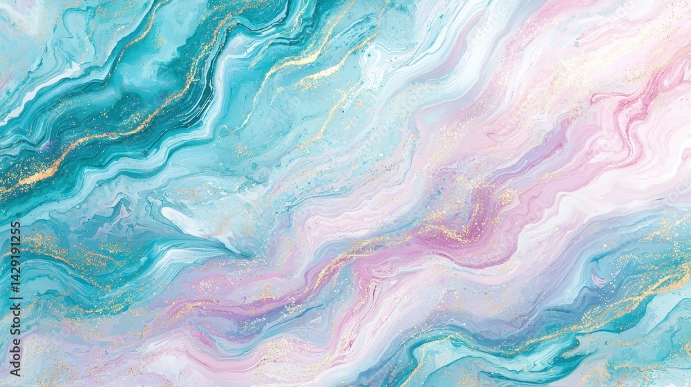 Fototapeta premium Vibrant swirls of blue and pink interlace, creating a dynamic abstract artwork. Delicate golden accents enhance the fluidity and depth of the design, inviting exploration
