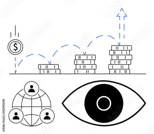 Coin stacks illustrating growth with arrows, global network with group icons, and an eye symbolizing vision. Ideal for finance, success, investment, planning, strategy, networking simple landing