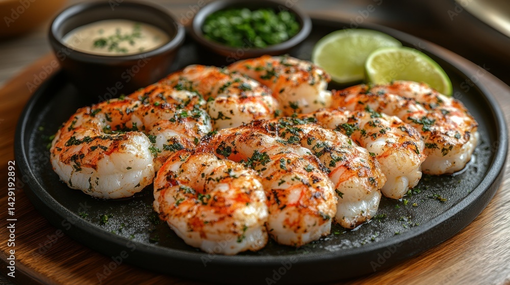 Grilled shrimp plated with lime, sauce, herbs Grilled shrimp plated with lime, sauce, herbs