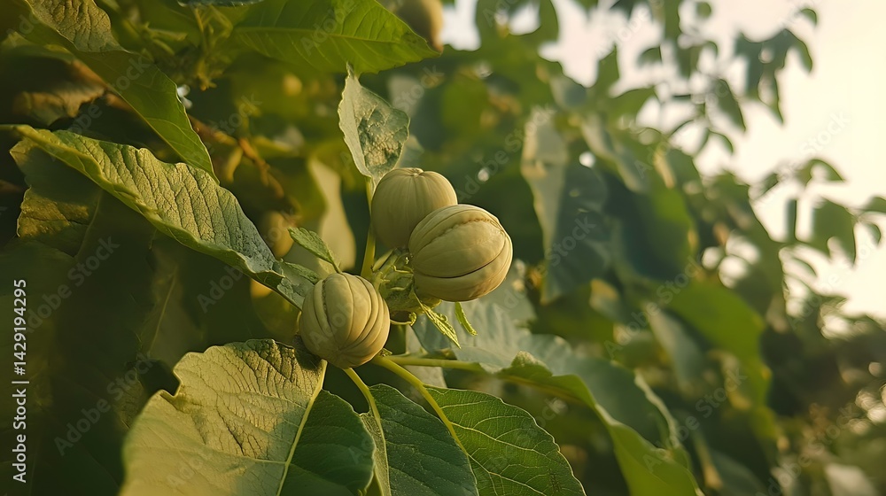 Obraz premium Closeup Golden Hour Shot of Three Round Fruits on Green Leaves