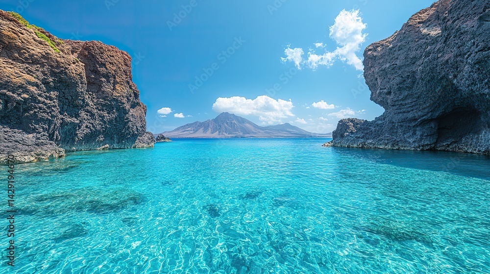 Fototapeta premium Volcanic rocks emerge from the clear turquoise waters of Papagayo Beach, a breathtaking panorama under Lanzarote's blue sky.