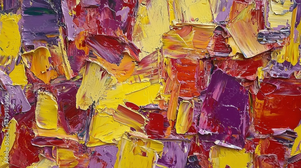 Fototapeta premium A lively abstract composition showcases a blend of red, yellow, and purple colors applied with thick strokes, creating an engaging textured experience for viewers. This artwork invites interpretation
