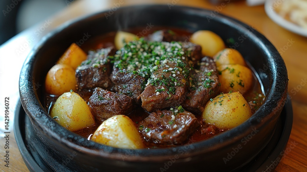 Hearty beef stew with potatoes in dark, round bowl Hearty beef stew with potatoes in dark, round bowl