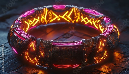 Royal cyberpunk armlet with interlaced neon fibers and ancient metal engravings Ultra-crisp texture neon diffusion