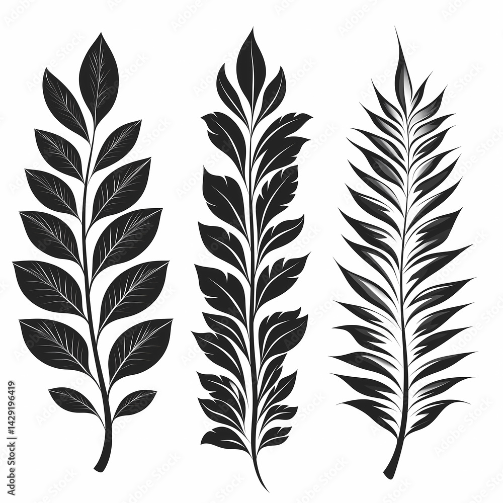 Fototapeta premium Elegant black and white botanical illustrations three stylized leaf designs nature minimalist