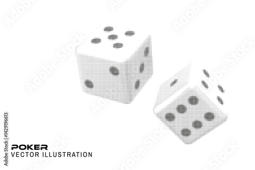 Halftone casino gambling dice poster, banner, flyer template. Vector illustration. Circle halftone shape game dice cubes in flight on a white background for casino and gambling industry.