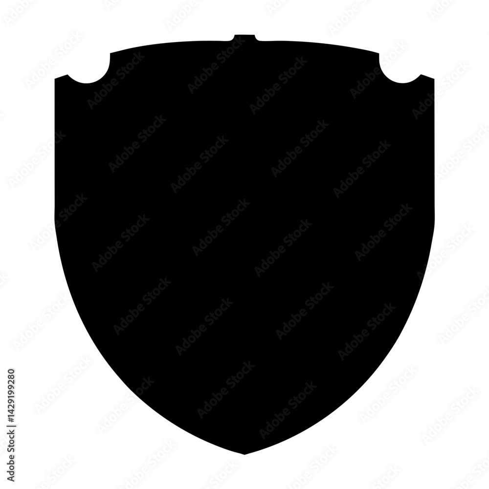Black silhouette of a shield emblem with transparent . curved top elements on a Black silhouette of a shield emblem with transparent . curved top elements on a