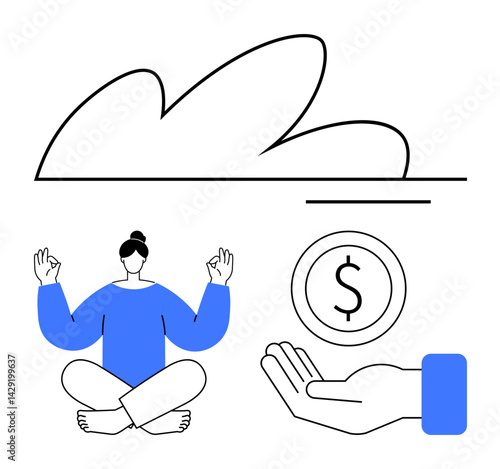 Woman practicing meditation in seated pose, open hand holding a coin, and abstract landscape outline. Ideal for finance, wellness, mindfulness, balance, lifestyle, positivity simple landing page