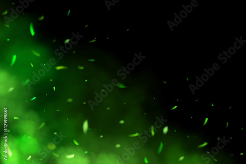 Fantastic smoke background. Magic neon toxic smoke with flying particles with glowing green sparks. Realistic glowing energy Vector illustration.
