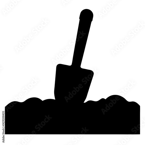 A silhouette illustration of a hand trowel inserted into soil or dirt