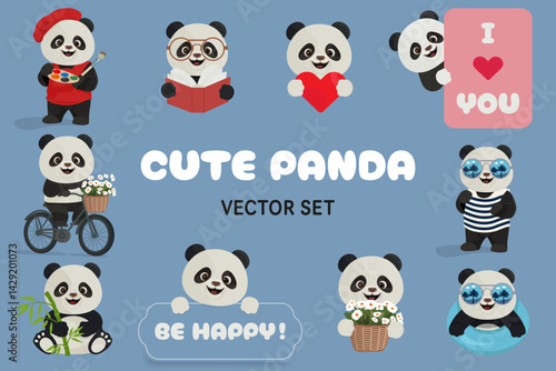 Funny Panda Vector Set. Kawaii Pandas in Cute Situations 