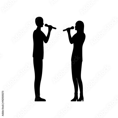 Silhouette of male and female singers performing together on stage