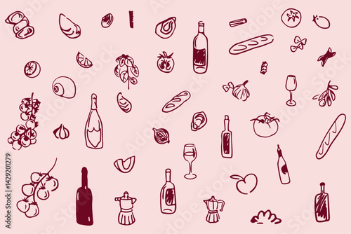 Vector doodle images of baguette, wine, tomatoes, coffee and molusks.