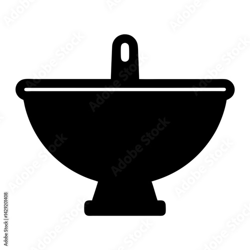 Black and white illustration of a kitchen strainer colander with handle