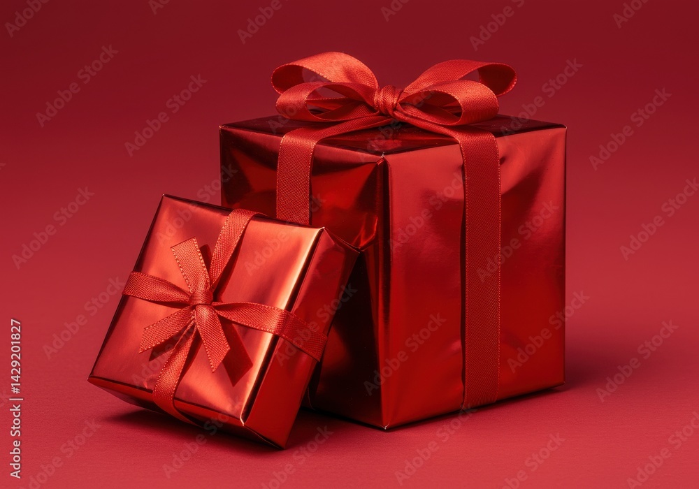 Two red shiny gift boxes with ribbons on a red background perfect for christmas or valentines day gifts Two red shiny gift boxes with ribbons on a red background perfect for christmas or valentines day gifts