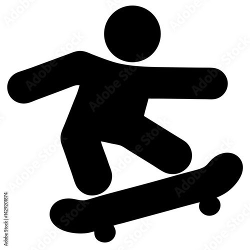Simple black and white silhouette of a person riding a skateboard