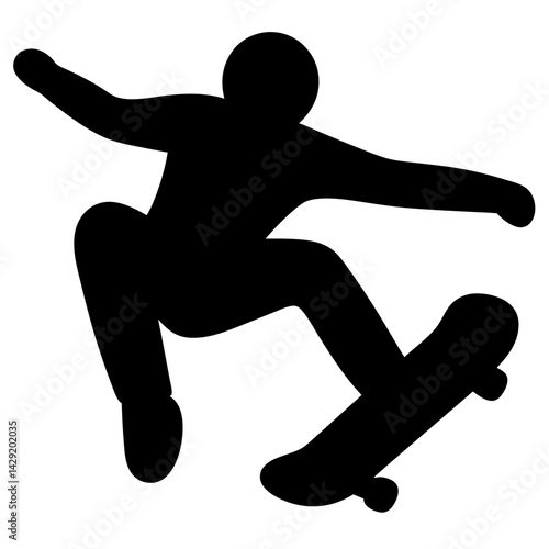 Silhouette of Skateboarder Performing a Trick MidAir, Set Against a White Background