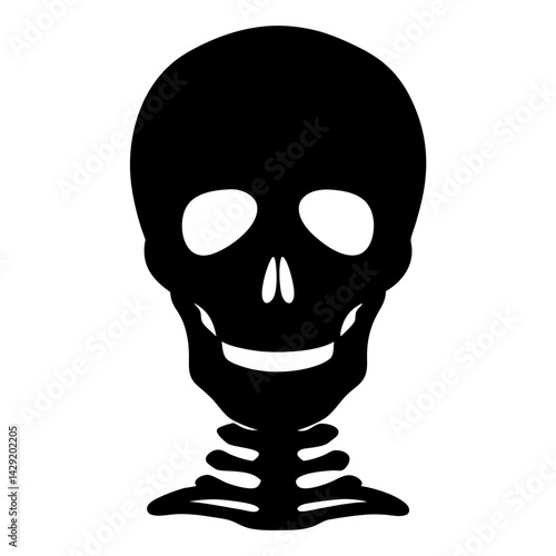 Creepy black silhouette of a grinning skull and neck bones on white