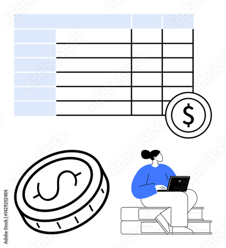 Woman working on laptop seated on books, large coin with dollar sign, and basic spreadsheet table. Ideal for finance, budgeting, education, data management, research, planning simple landing page