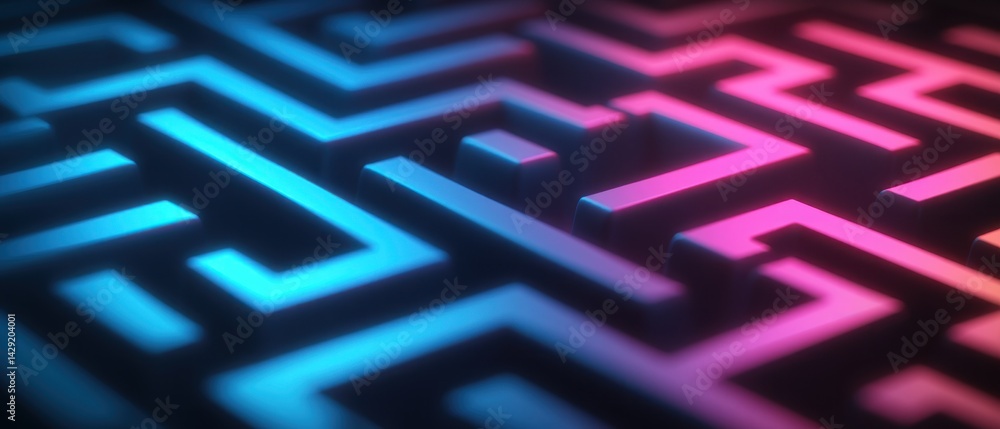 Abstract glowing maze, complex path, problem solving, challenge, technology background Abstract glowing maze, complex path, problem solving, challenge, technology background