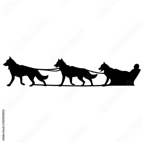Silhouette of dog sled team pulling a sled with a person